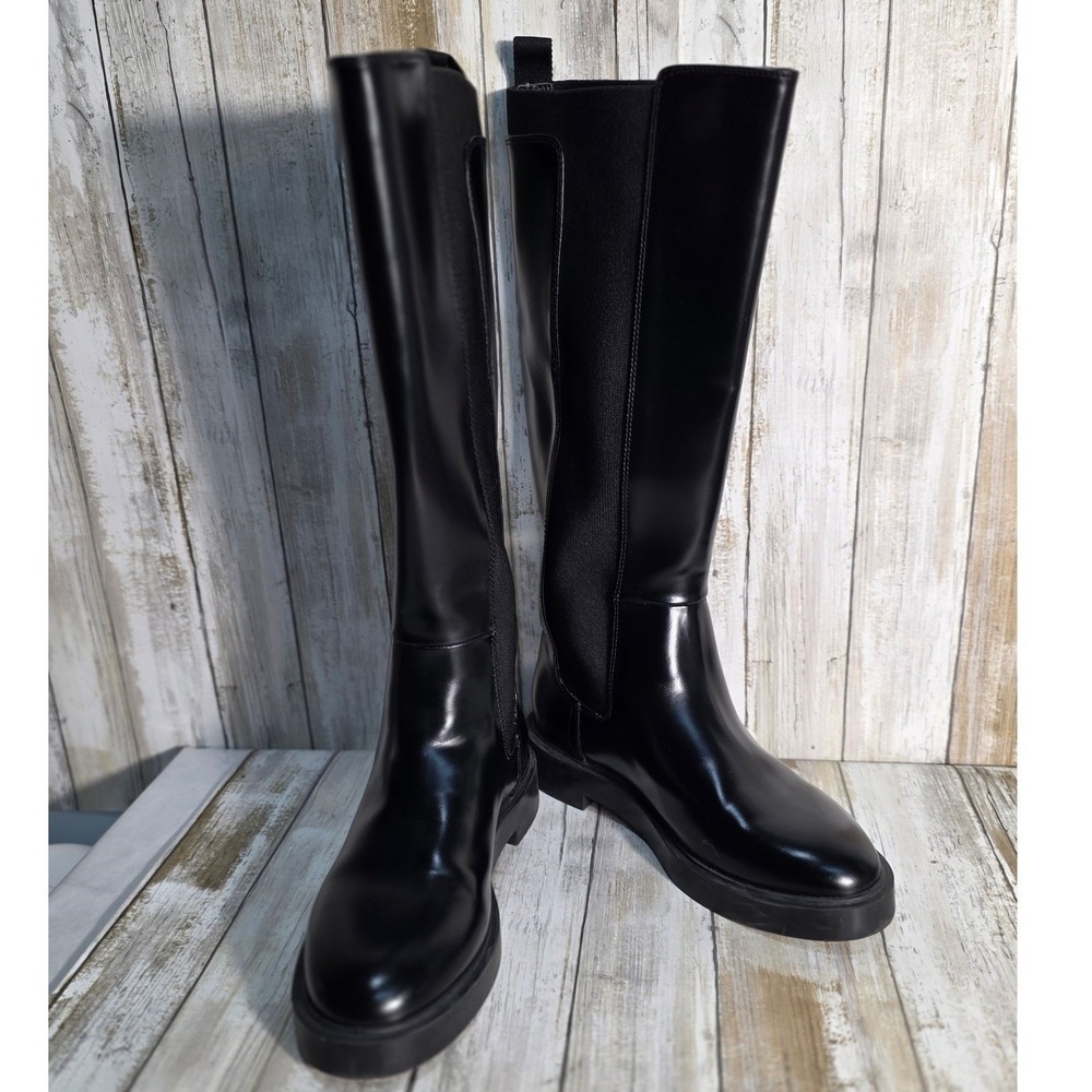 H&M Black Faux Leather Knee High Boots Chunky Sole Elastic Panel Size 38
